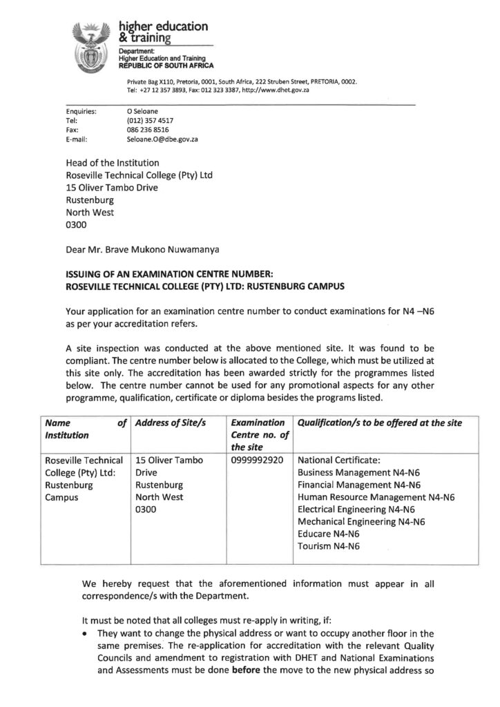 Roseville Technical College DHET Accreditation