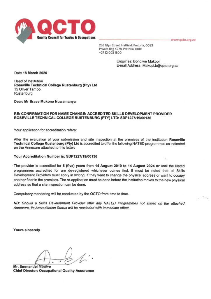 Roseville Technical College QCTO Accreditation